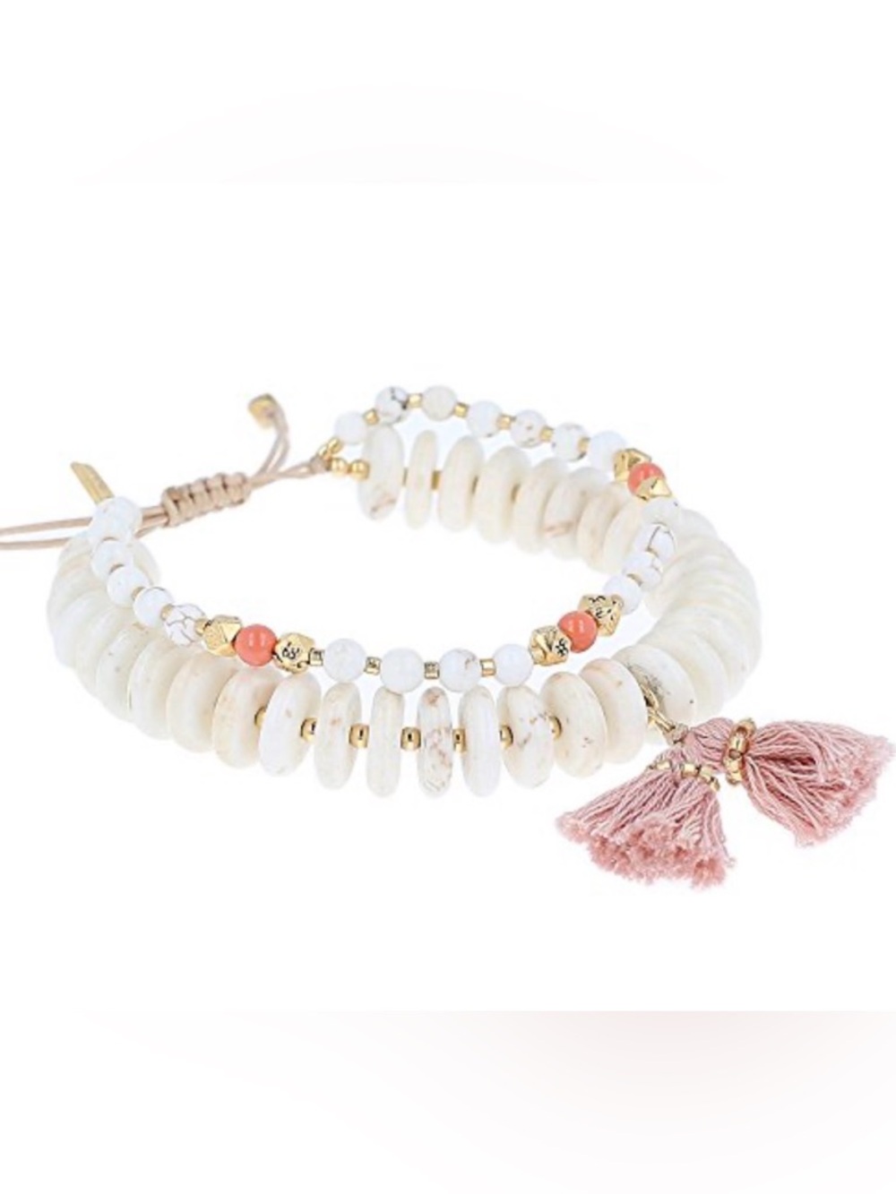 Chan Luu White Magnesite Coral Double Strand Tassel Bracelet Boho